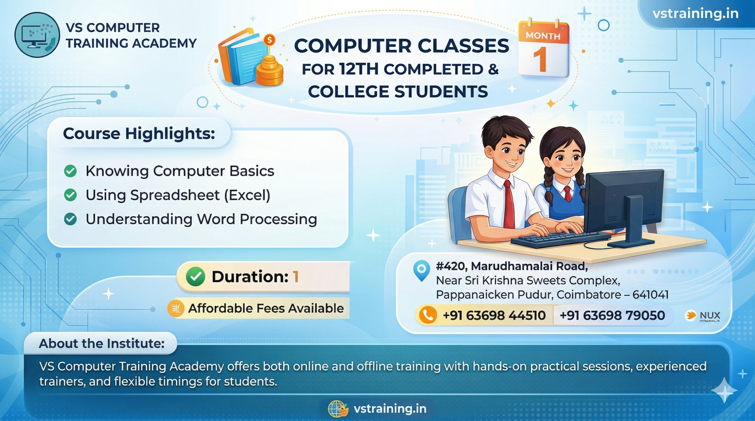 Computer classe for 12 th completed students and for college students 4000 *DURATION 30 days*